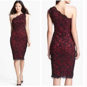 Tadashi Shoji One Shoulder Red & Black Lace Dress